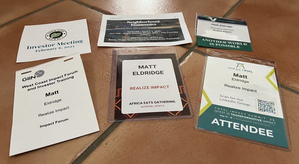 Array of name badges from events attended between February and May 2025